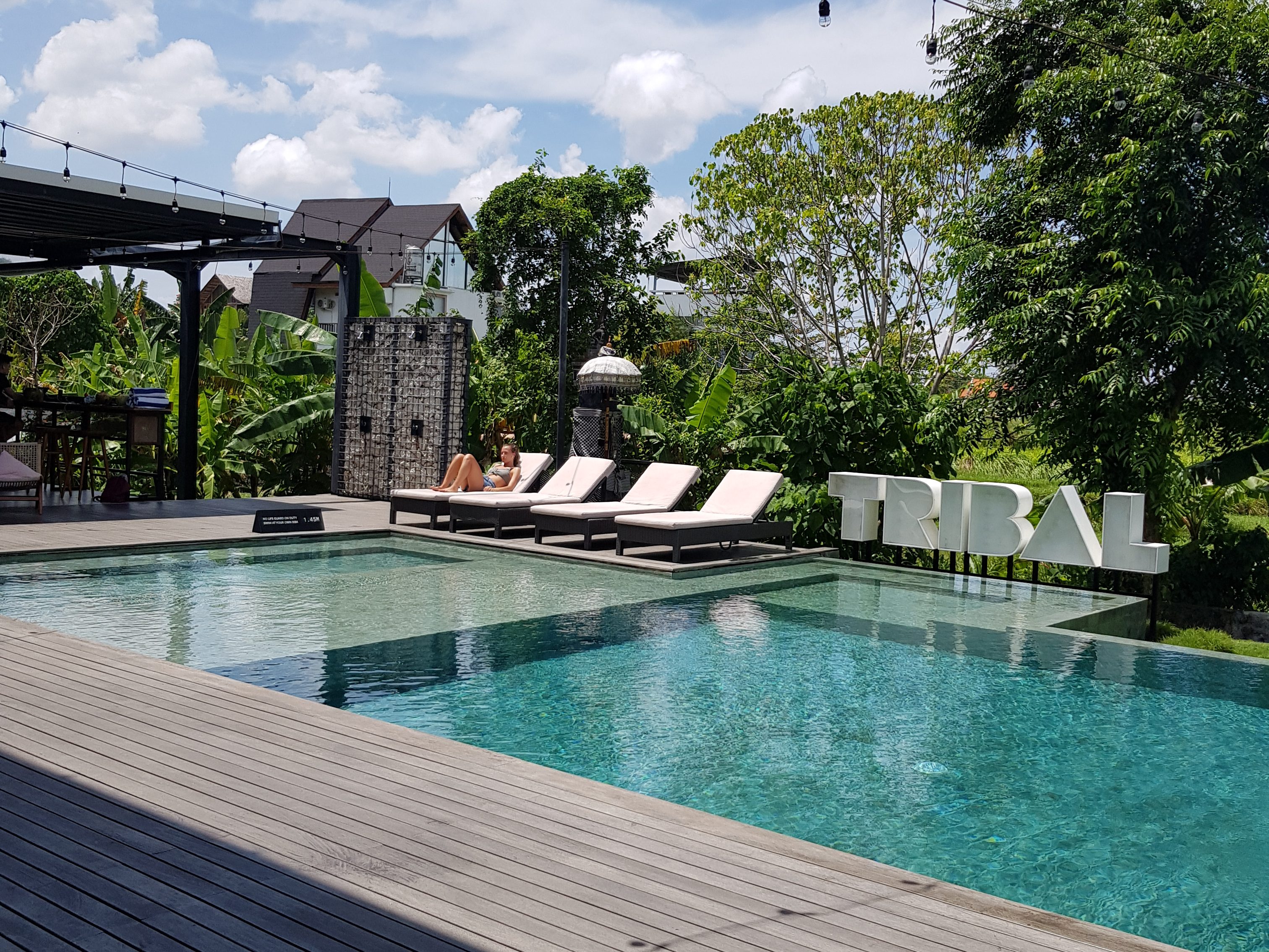 Poolbereich im Tribal Bali, einem beliebten Co-Working Space für digitale Nomaden, umgeben von tropischer Vegetation