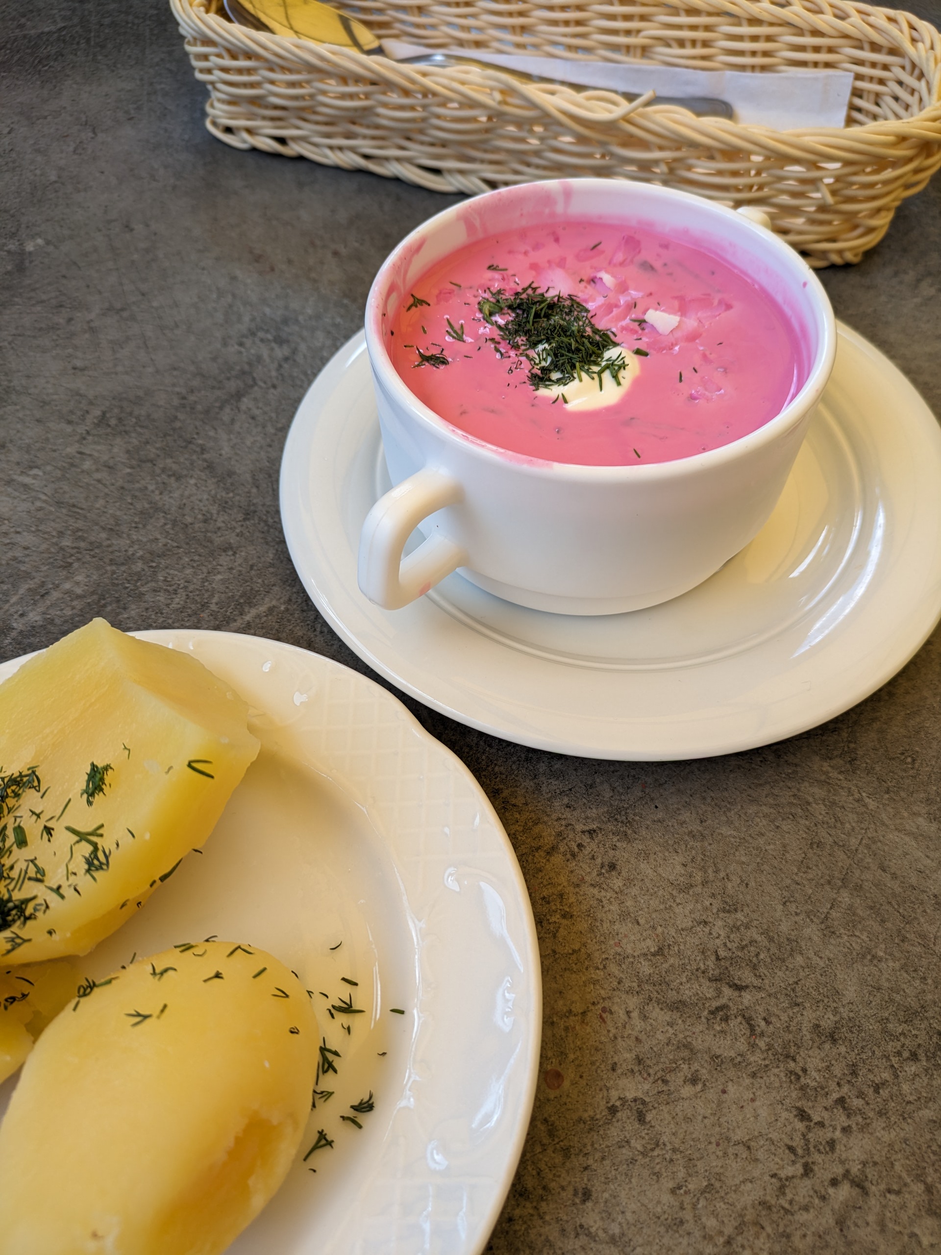 Šaltibarščiai, traditional Lithuanian cold beetroot soup with dill and potatoes.