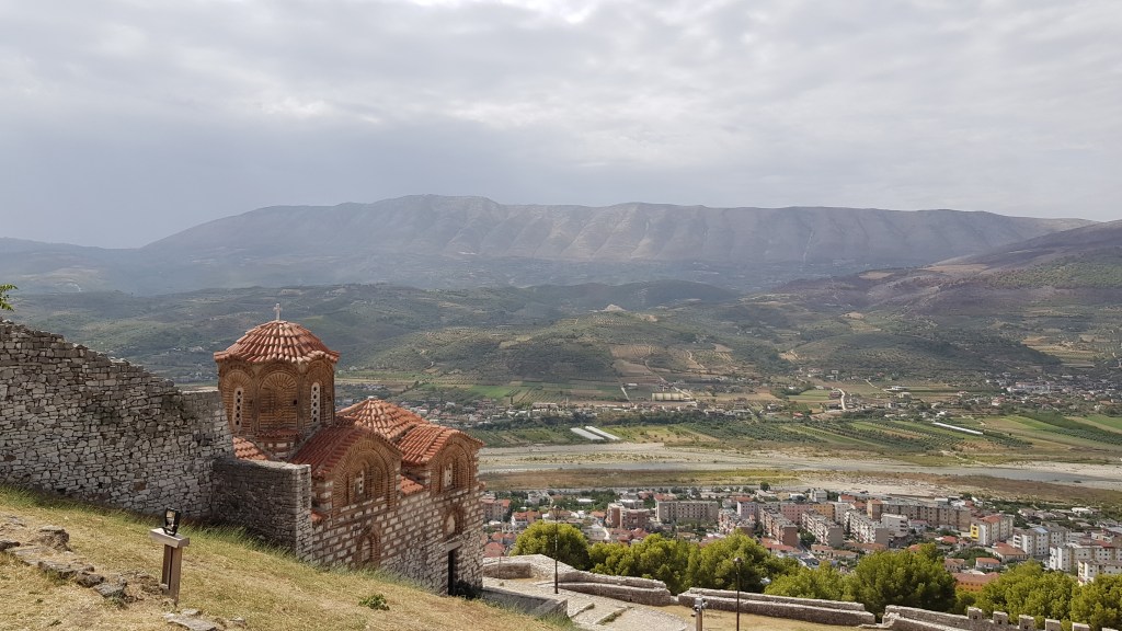 Scenic view from Berat Castle, overlooking the valley and mountains, a must-visit spot for digital nomads in Albania.