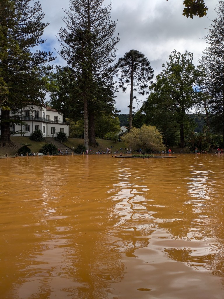 Brown geothermal pool in Parque Terra Nostra, a unique attraction for digital nomads visiting the Azores.