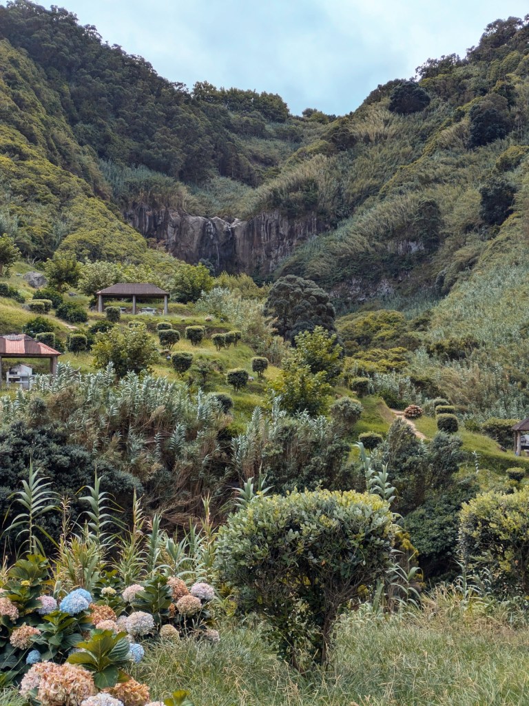 Lush green valley with waterfalls and hydrangeas, perfect for digital nomads exploring the Azores.