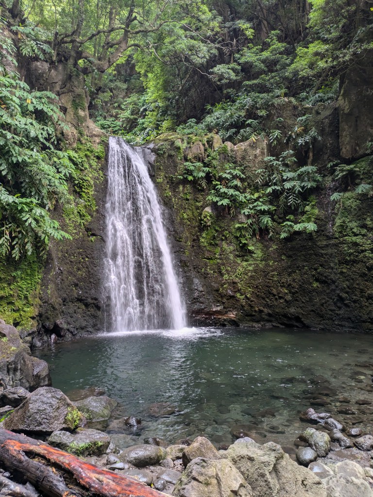 Waterfall at Salto do Prego, a peaceful hiking destination for digital nomads in the Azores.