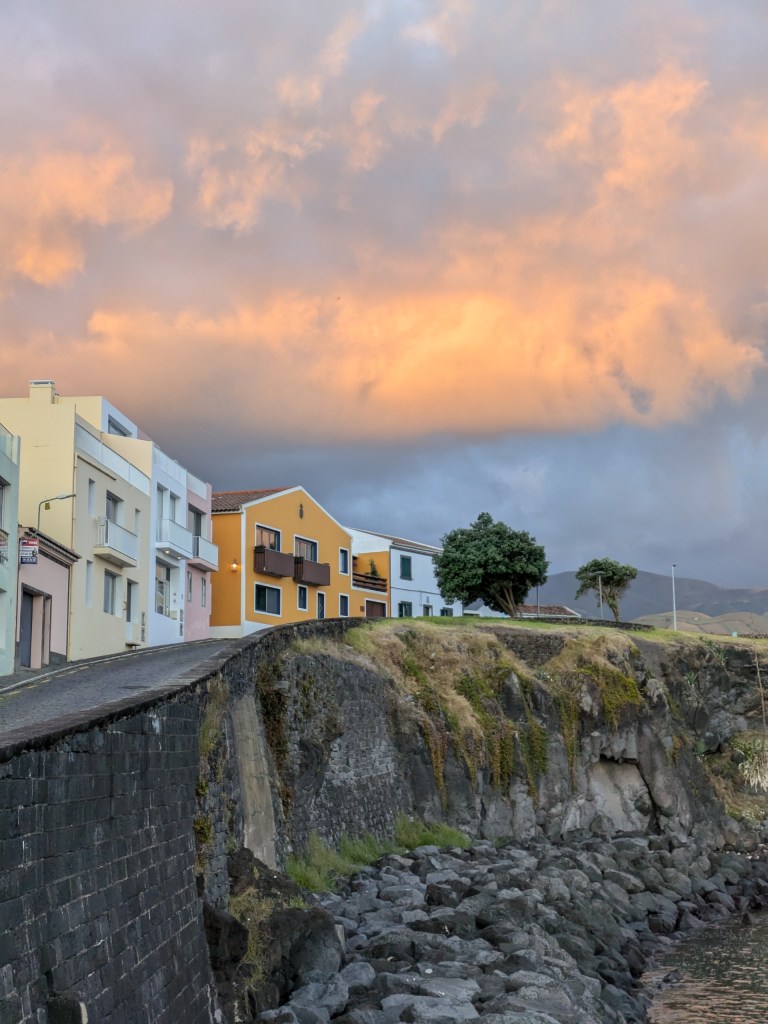 Colorful houses at sunset in Lagoa, a charming town perfect for digital nomads in the Azores.