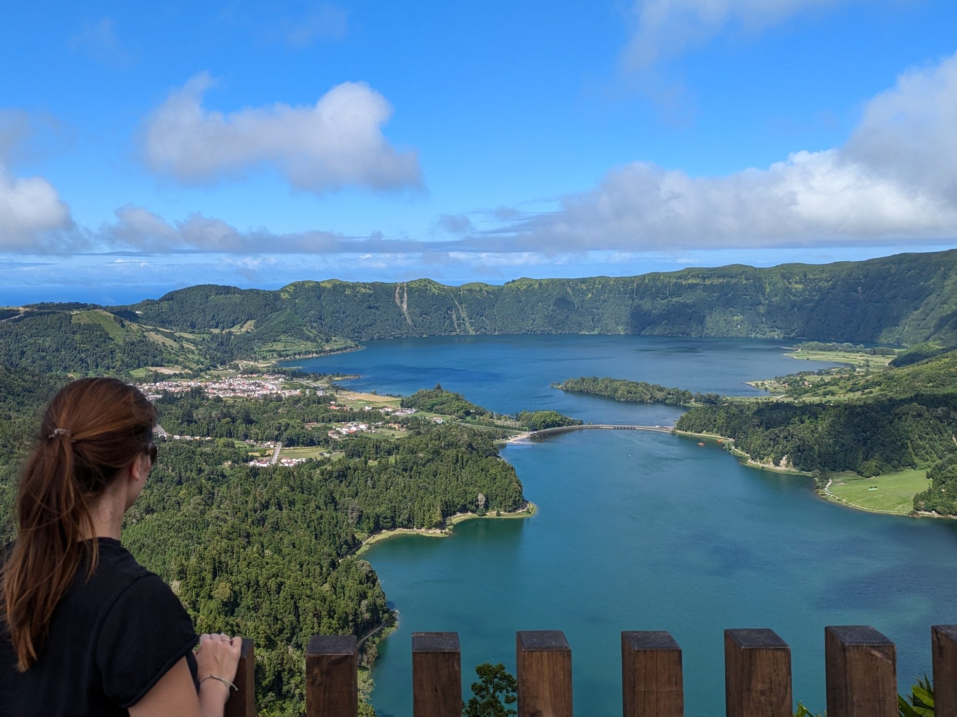 View of Sete Cidades twin lakes from a lookout point, a must-see spot for digital nomads exploring São Miguel in the Azores.
