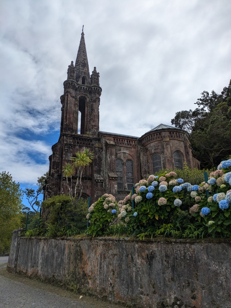 Gothic-style church in Furnas, a historic and cultural stop for digital nomads exploring the Azores.