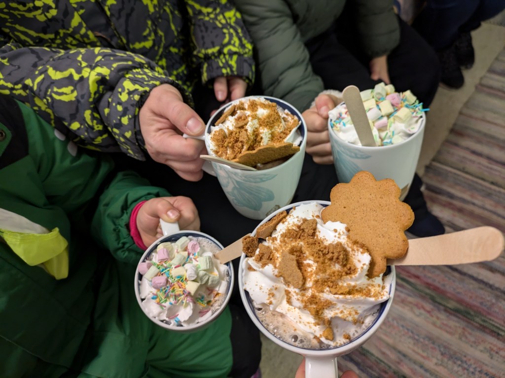 Hot cocoa topped with marshmallows and gingerbread cookies, served in Rovaniemi, Lapland, Finland.