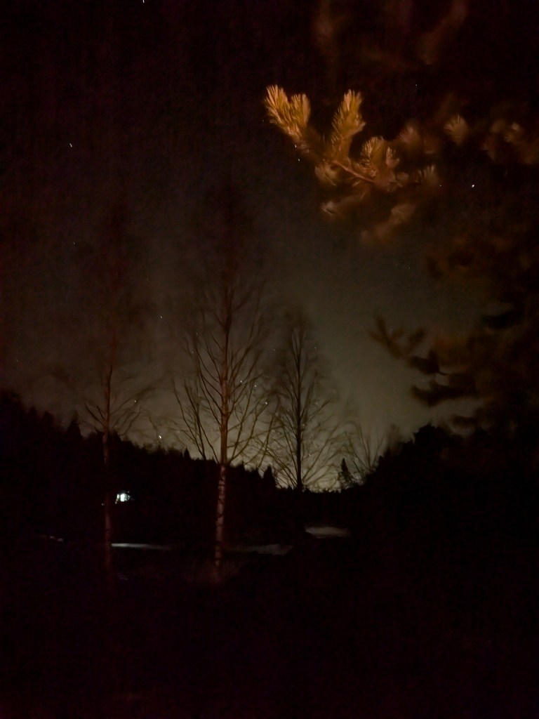 Northern Lights glowing faintly over a quiet forest in Lapland, Finland, near Rovaniemi