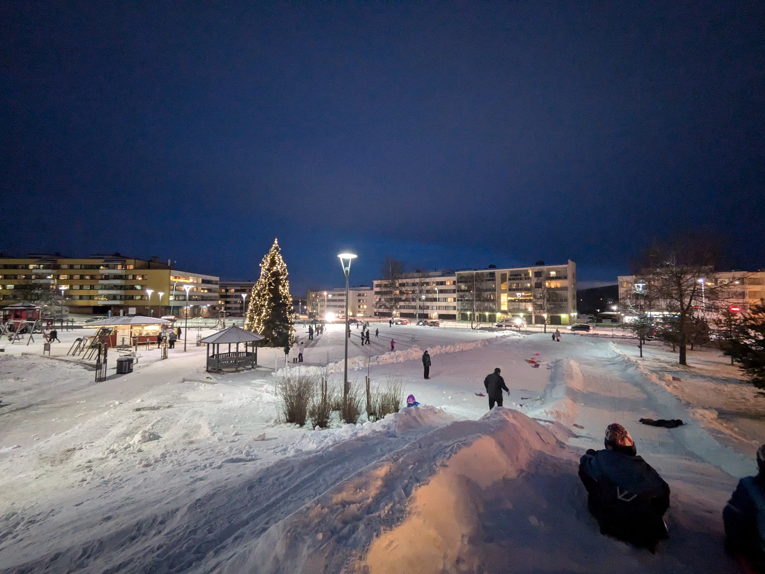 Vanhantorin Leikkipaikka Park for skating and sledding in Rovaniemi, Lapland, Finland.