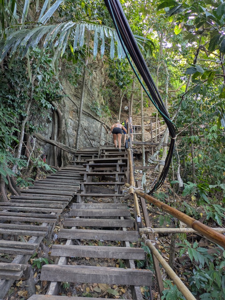 Rustic jungle staircase in Thailand Krabi – An adventurous path for digital nomads seeking off-the-beaten-track spots.