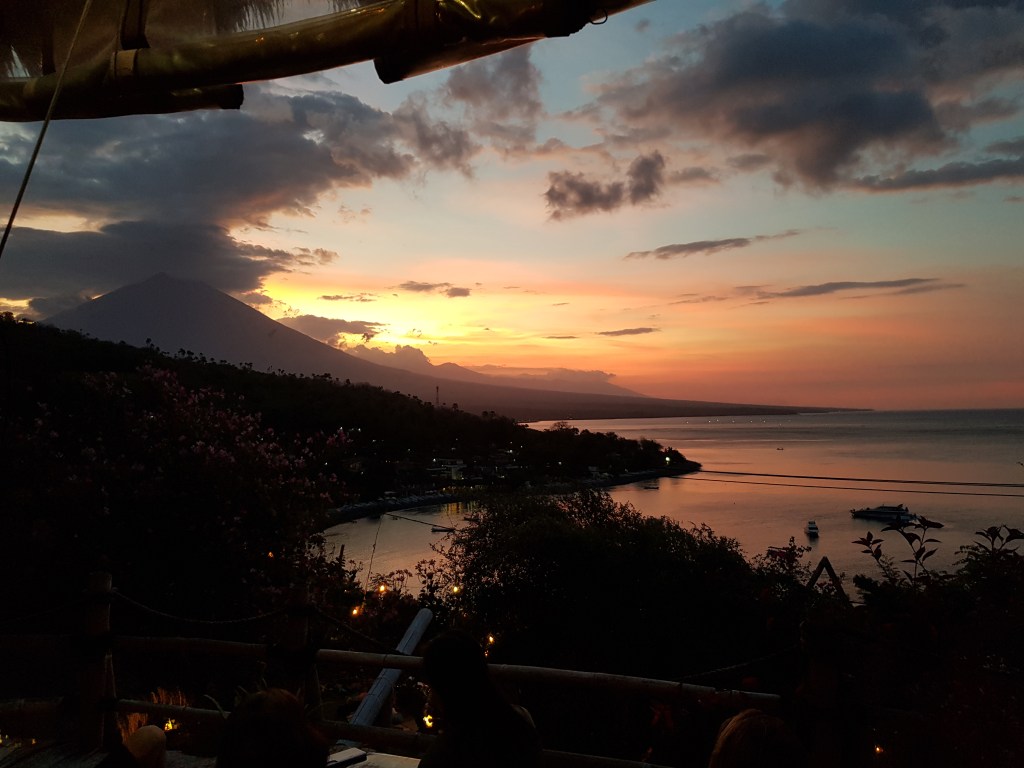 Sunset in Amed from Blue Earth when backpacking in Bali